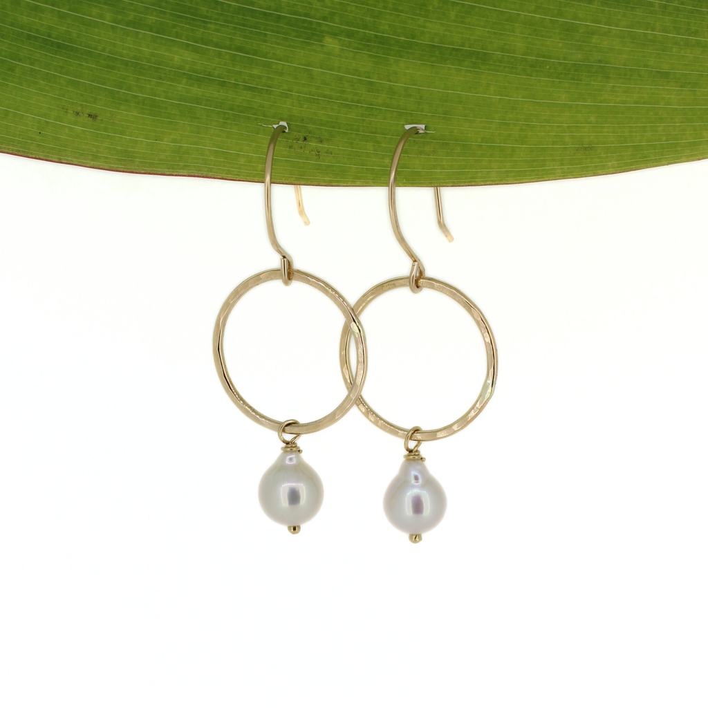 Gold fill small hoop earrings with white fresh water pearls handmade by Brianne & co. 