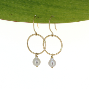 Gold fill small hoop earrings with white fresh water pearls handmade by Brianne & co. 