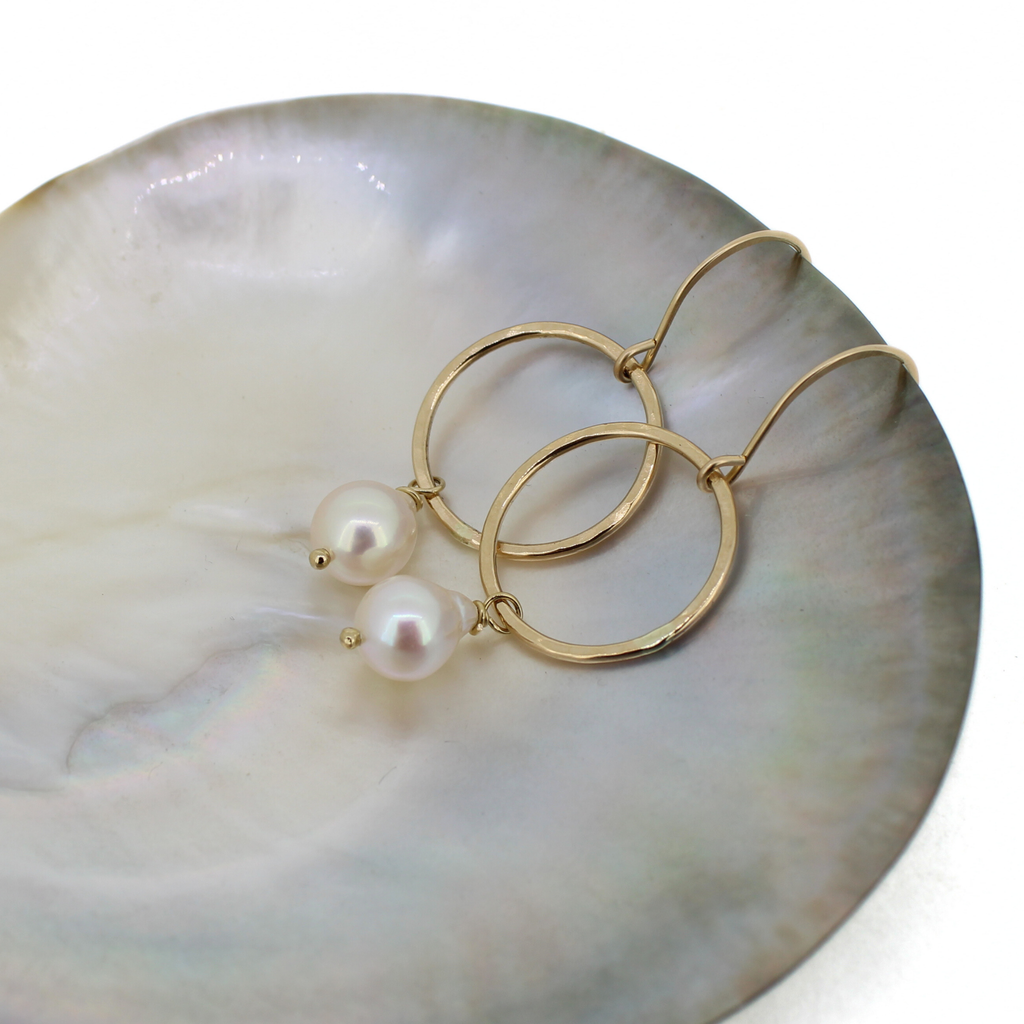 Brianne & co. gold fill fresh water pearl hoop earrings with a hammered texture