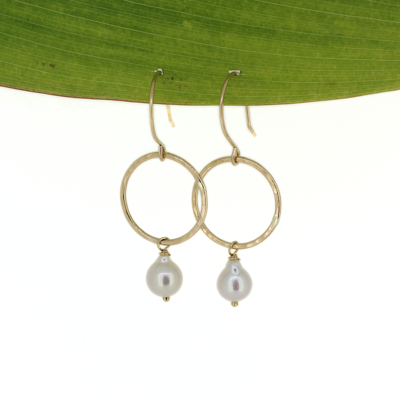 Gold fill small hoop earrings with white fresh water pearls handmade by Brianne & co. 
