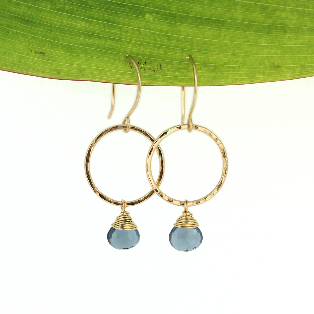 Gold fill small hoop earrings with faceted blue quartz handmade by Brianne & co.