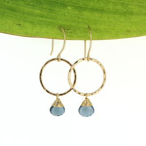 Gold fill small hoop earrings with faceted blue quartz handmade by Brianne & co.