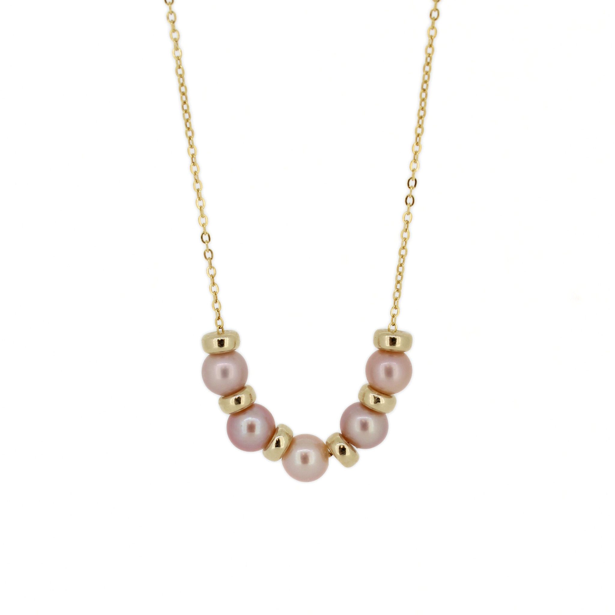 Brianne & Co. 14k gold fill dainty necklace with five tiny light pink Edison fresh water pearls