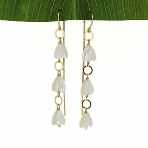 Brianne & Co. gold fill mother of pearl pikake flower threader earrings front view
