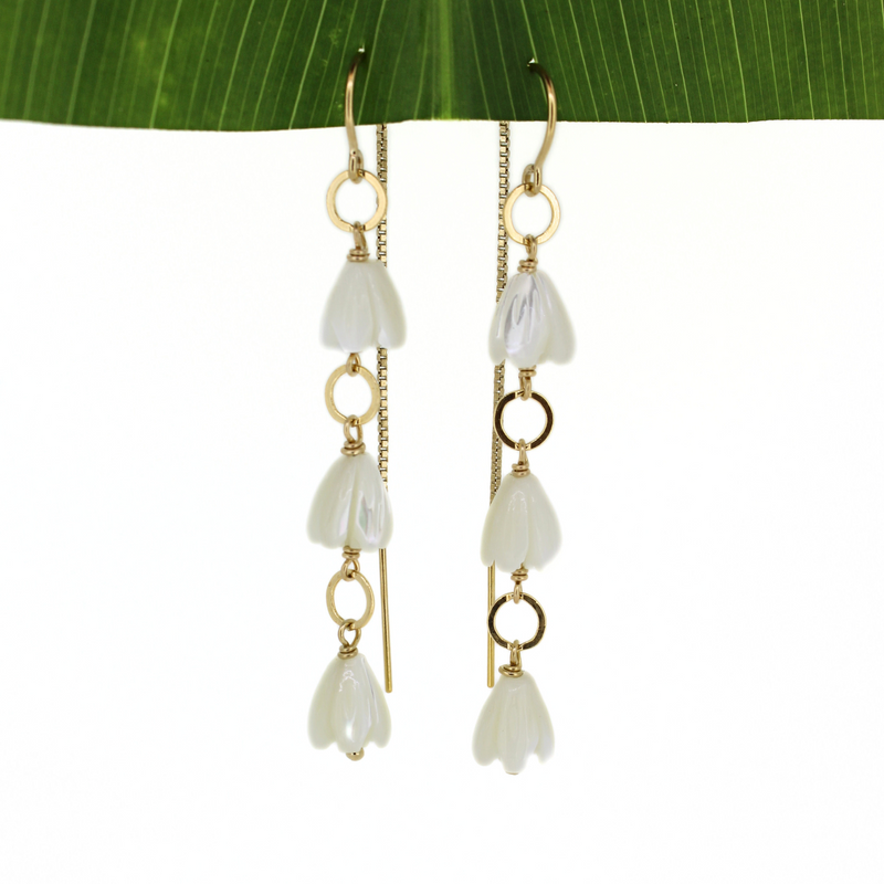 Brianne & Co. gold fill mother of pearl pikake flower threader earrings front view