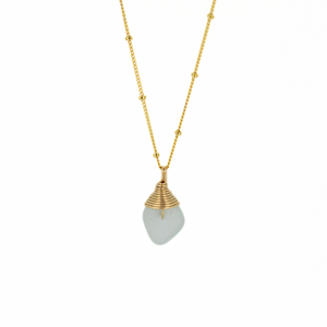 Brianne & Co. light blue sea glass necklace on a gold fill satellite chain
