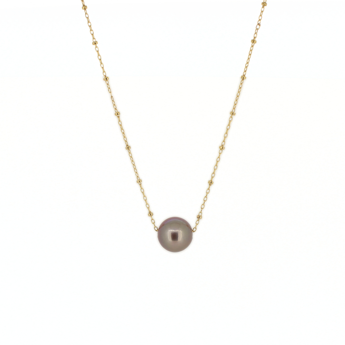 A delicate gold satellite chain with a pink fresh water pearl pendant, shown against a white background.