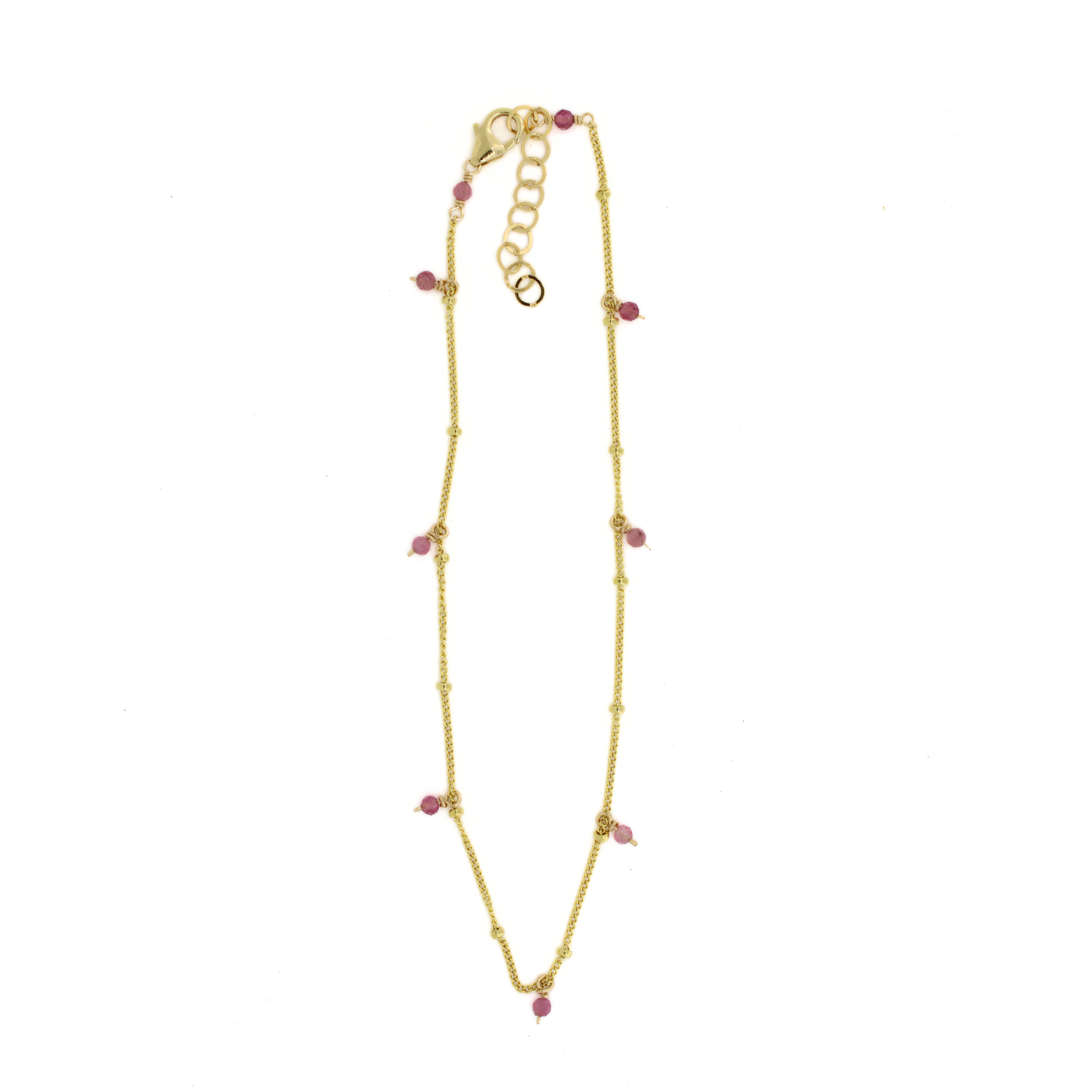 Gold fill gemstone anklet with pink bead stations and curved clasp, long drop length