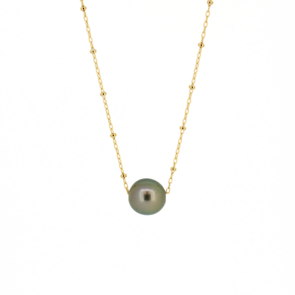 Brianne & Co. green Tahitian pearl necklace on a gold fill satellite chain