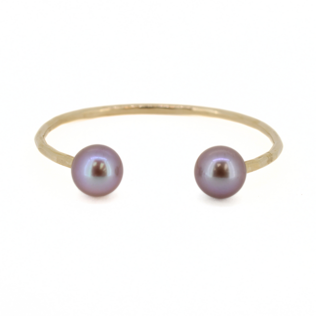 Brianne & Co. gold fill cuff with two beautiful purple Edison pearls