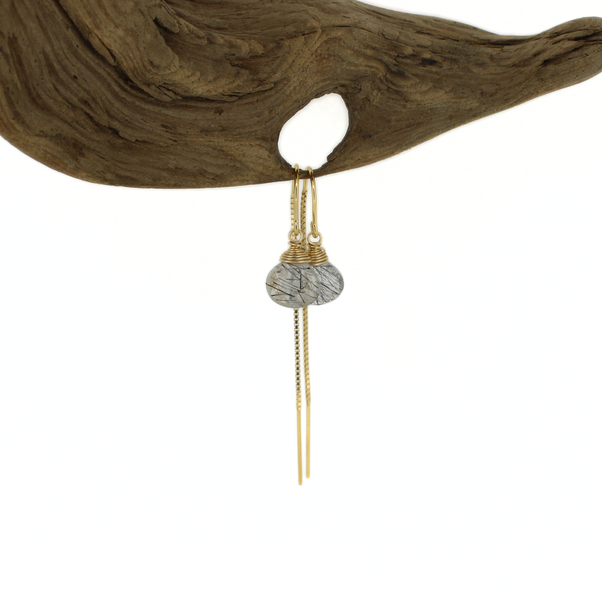 Gold threader style earrings featuring black and clear rutile quartz gemstones