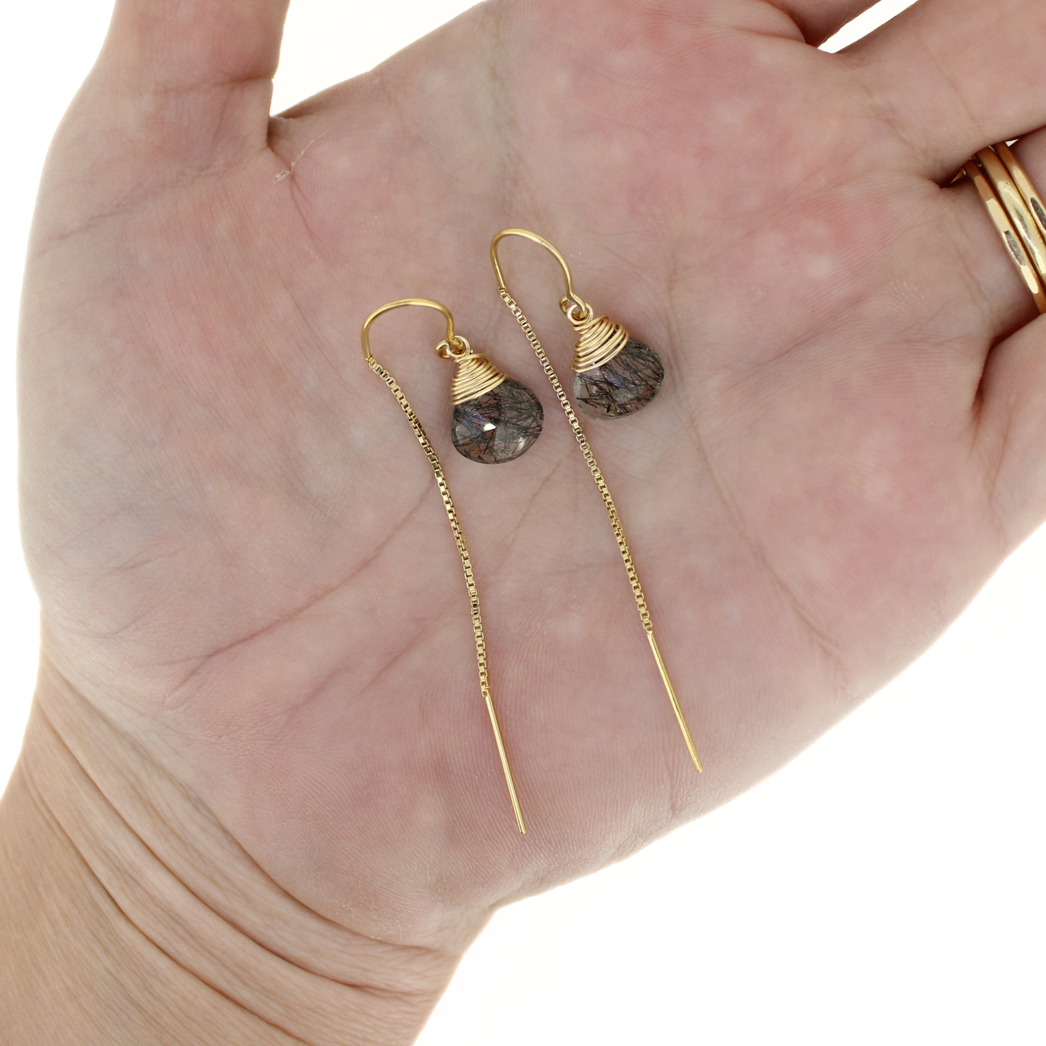 Brianne & Co. gold fill rutile quartz threader earrings on hand for size reference