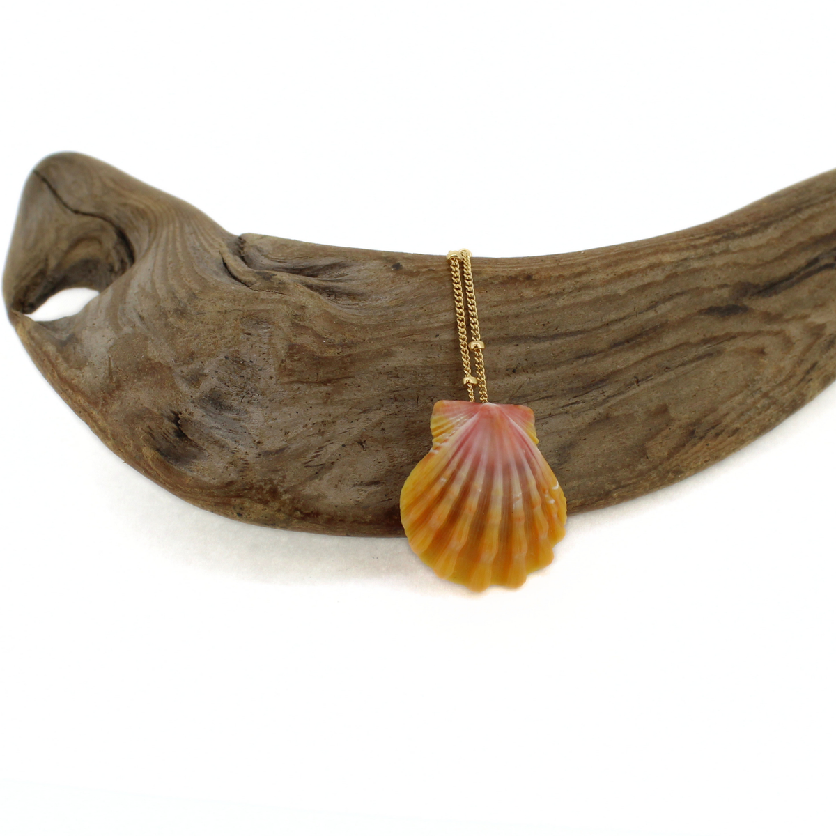 A gold chain necklace with a Hawaiian sunrise shell pendant in shades of orange, yellow, and pink, displayed on a piece of driftwood against a white background.