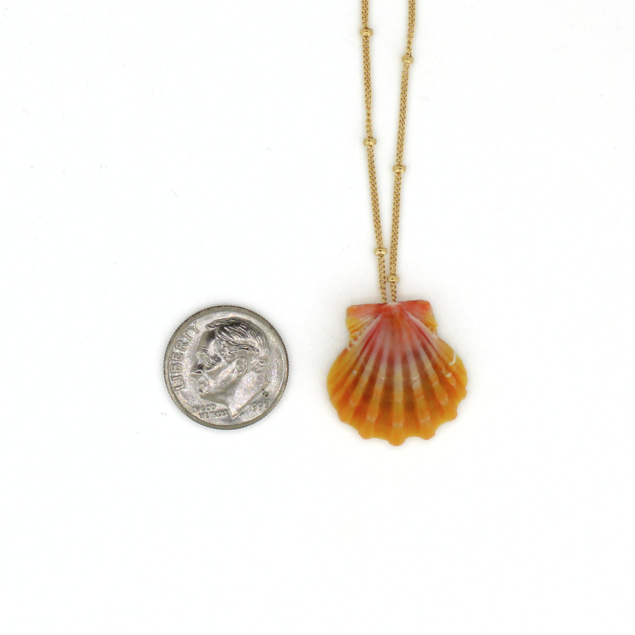 Sunrise shell necklace shown next to a dime for size reference