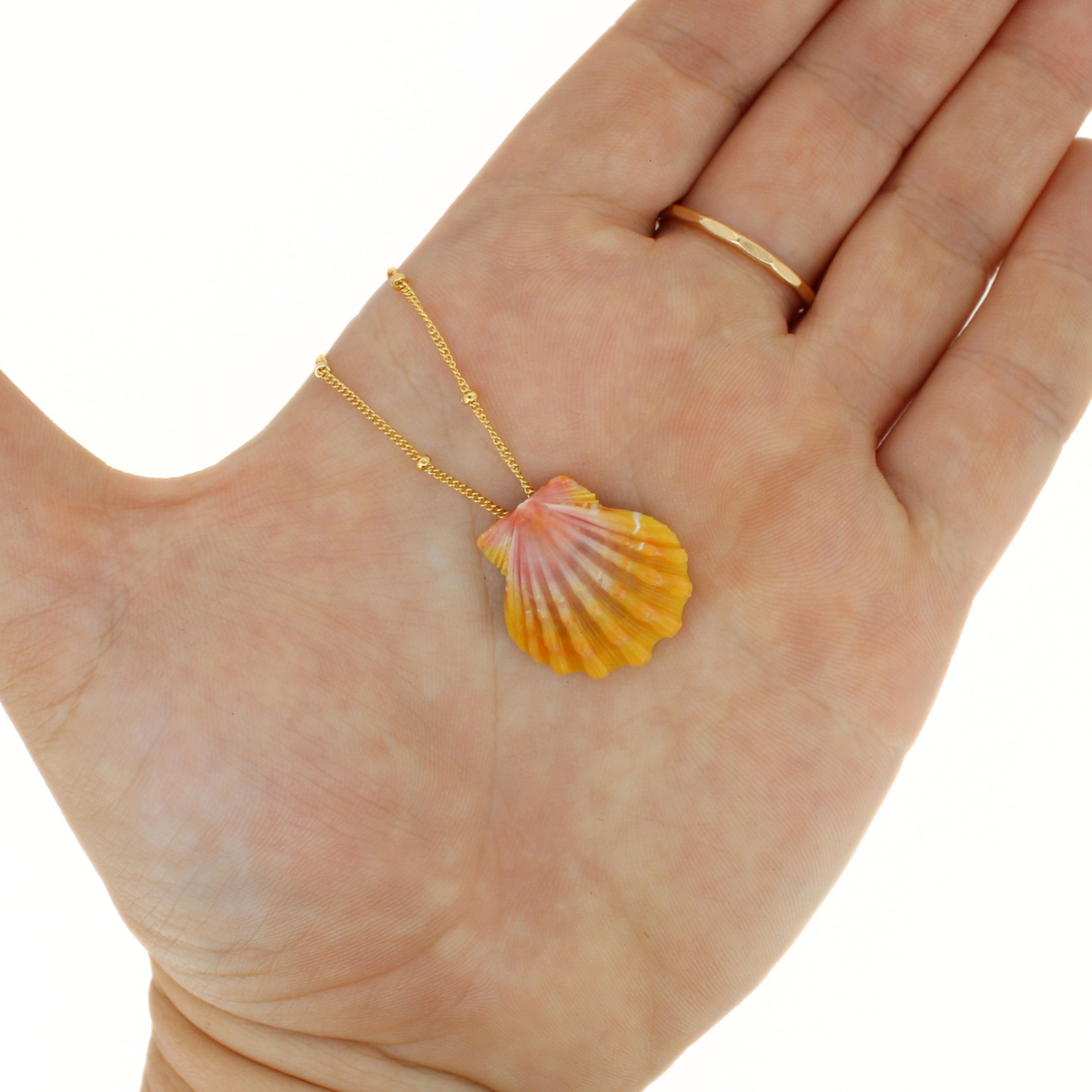 Orange and pink sunrise shell necklace on a gold fill satellite chain