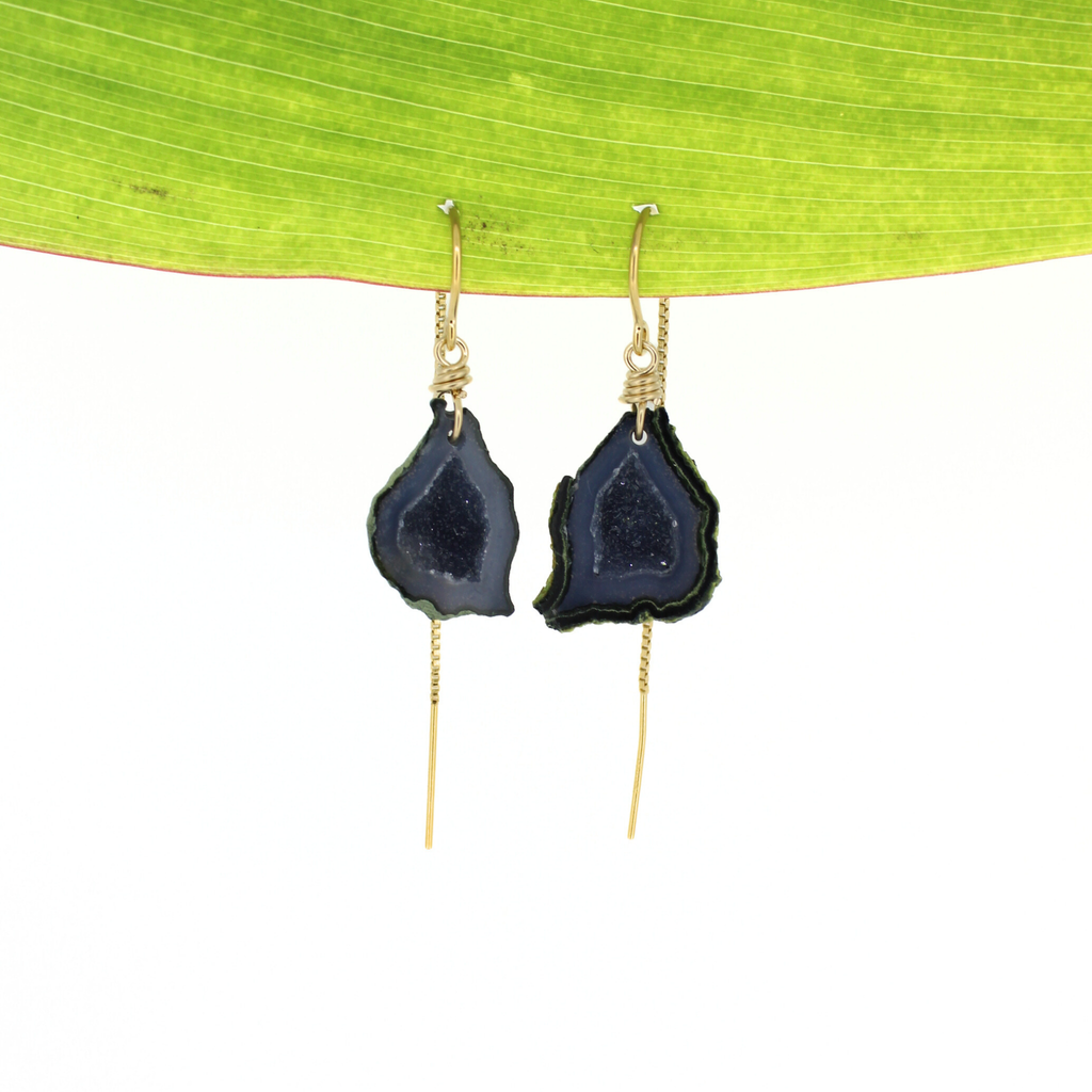 Gold fill threader earrings featuring druzy geode gemstones handmade by Brianne & Co. 