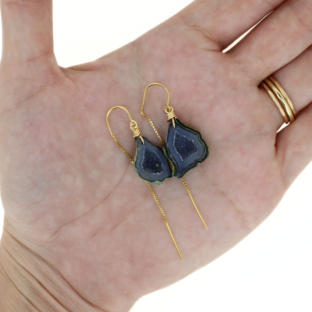 Brianne & Co. geode druzy threader earrings on hand for size reference