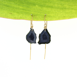 Gold fill threader earrings featuring druzy geode gemstones handmade by Brianne & Co. 