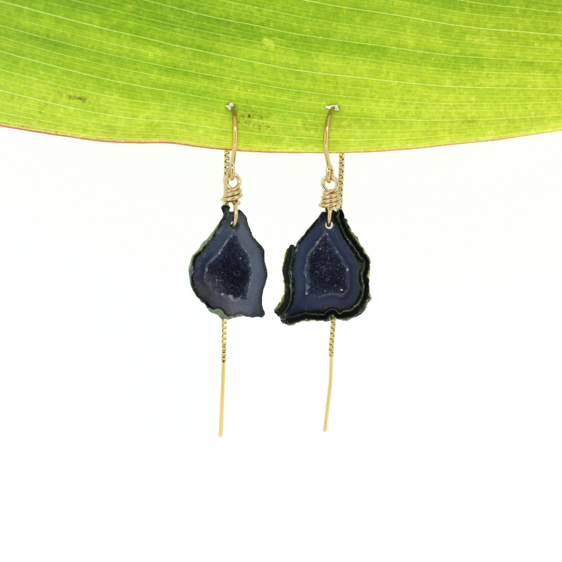Gold fill threader earrings featuring druzy geode gemstones handmade by Brianne & Co. 