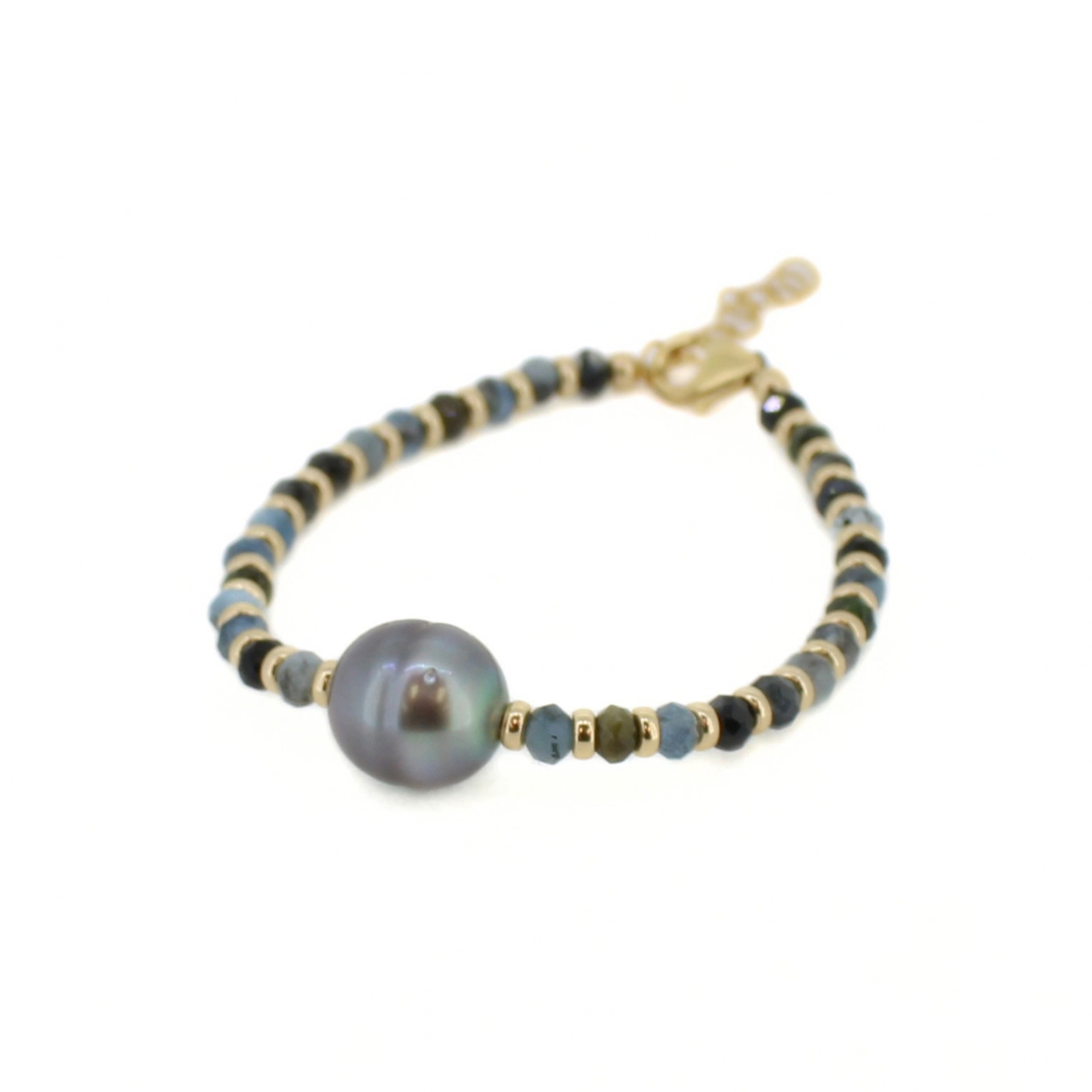 A beaded bracelet featuring a large iridescent gray pearl at the center, flanked by small blue-green beads and separated by gold spacer beads, with a gold clasp closure, shown on a plain white background.