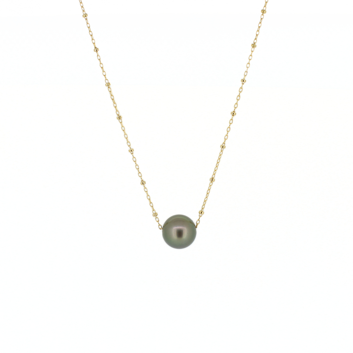 Gold dainty satellite chain necklace featuring a gray/green Tahitian pearl, shown against a plain white background. 