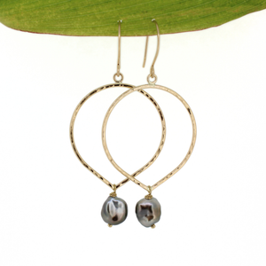 Brianne & Co. gold fill tear drop hoop earrings w/ large Tahitian keshi pearls