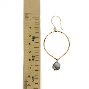 Brianne & Co. gold fill tear drop hoop earrings w/ large Tahitian keshi pearls measuring 2.75" long