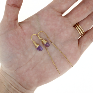 Brianne & Co. gold fill amethyst threader earrings on hand for size reference