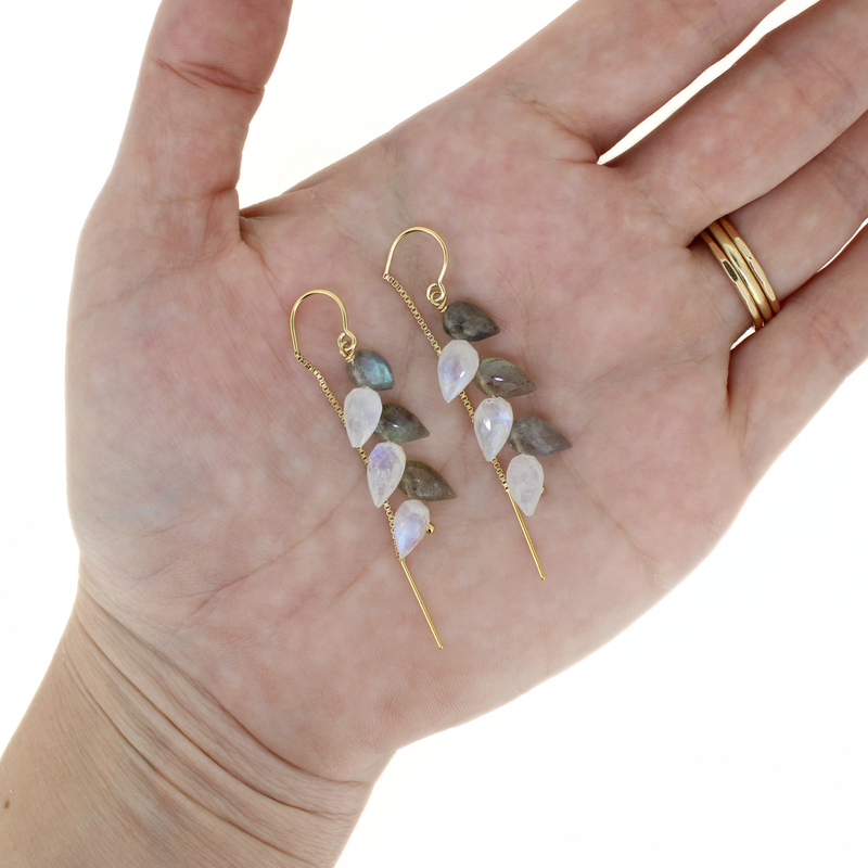 Brianne & Co. gold fill threader earrings with rainbow moonstone and labradorite