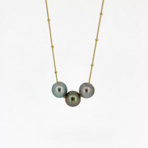 Brianne & Co. triple Tahitian pearl necklace on a gold fill satellite chain