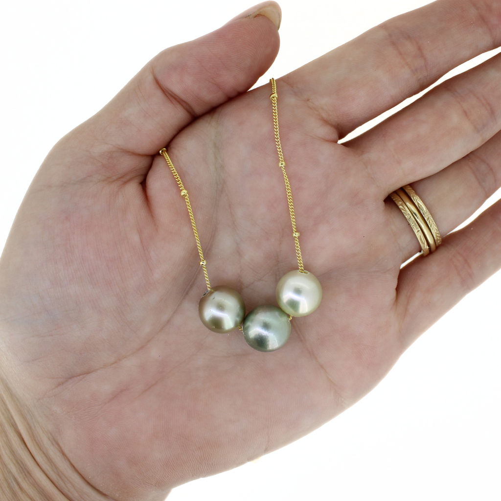 Gold Fill Triple Tahitian Floating Pearl Necklace 18"-20"