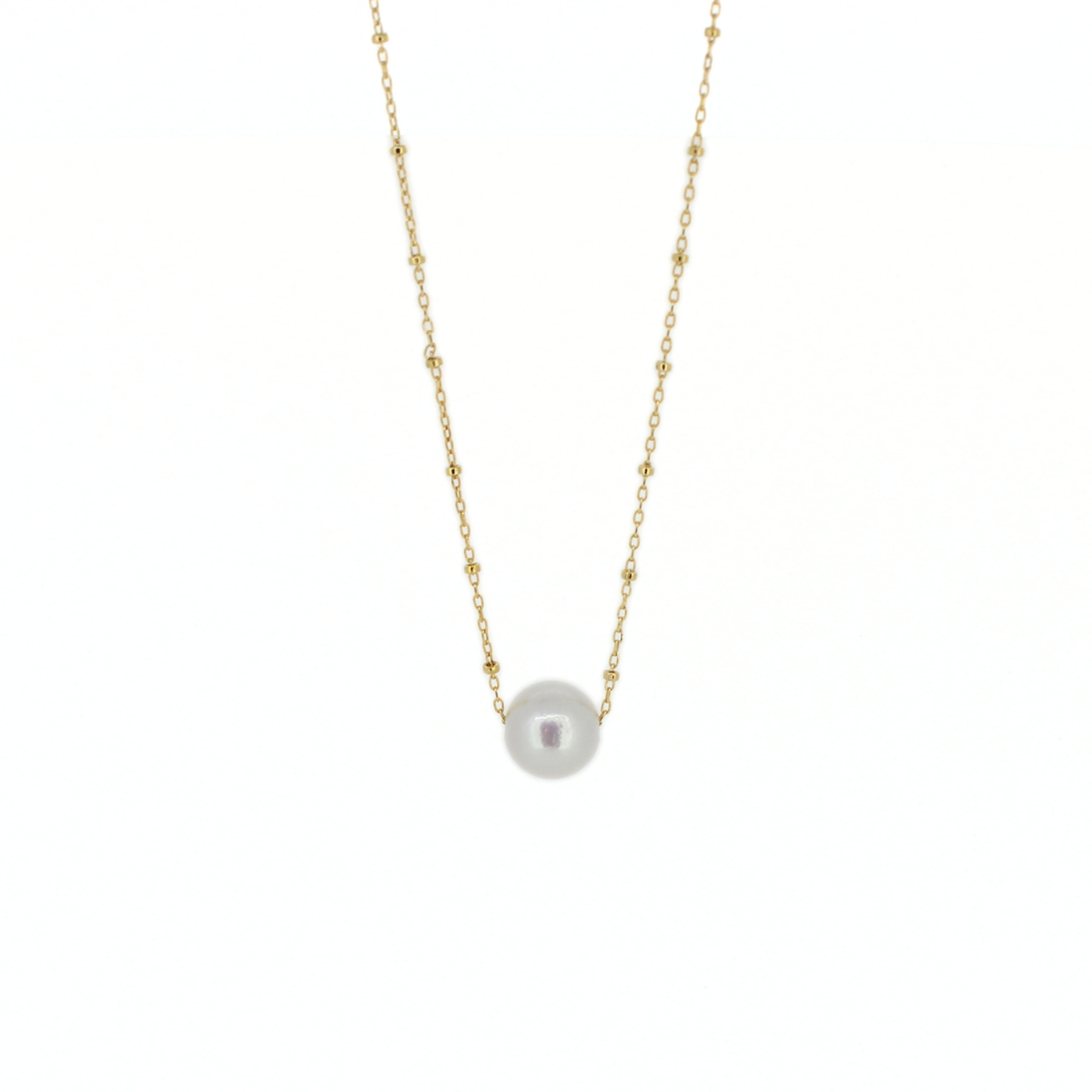 A delicate gold chain necklace featuring a single white freshwater pearl pendant, shown against a solid white background.