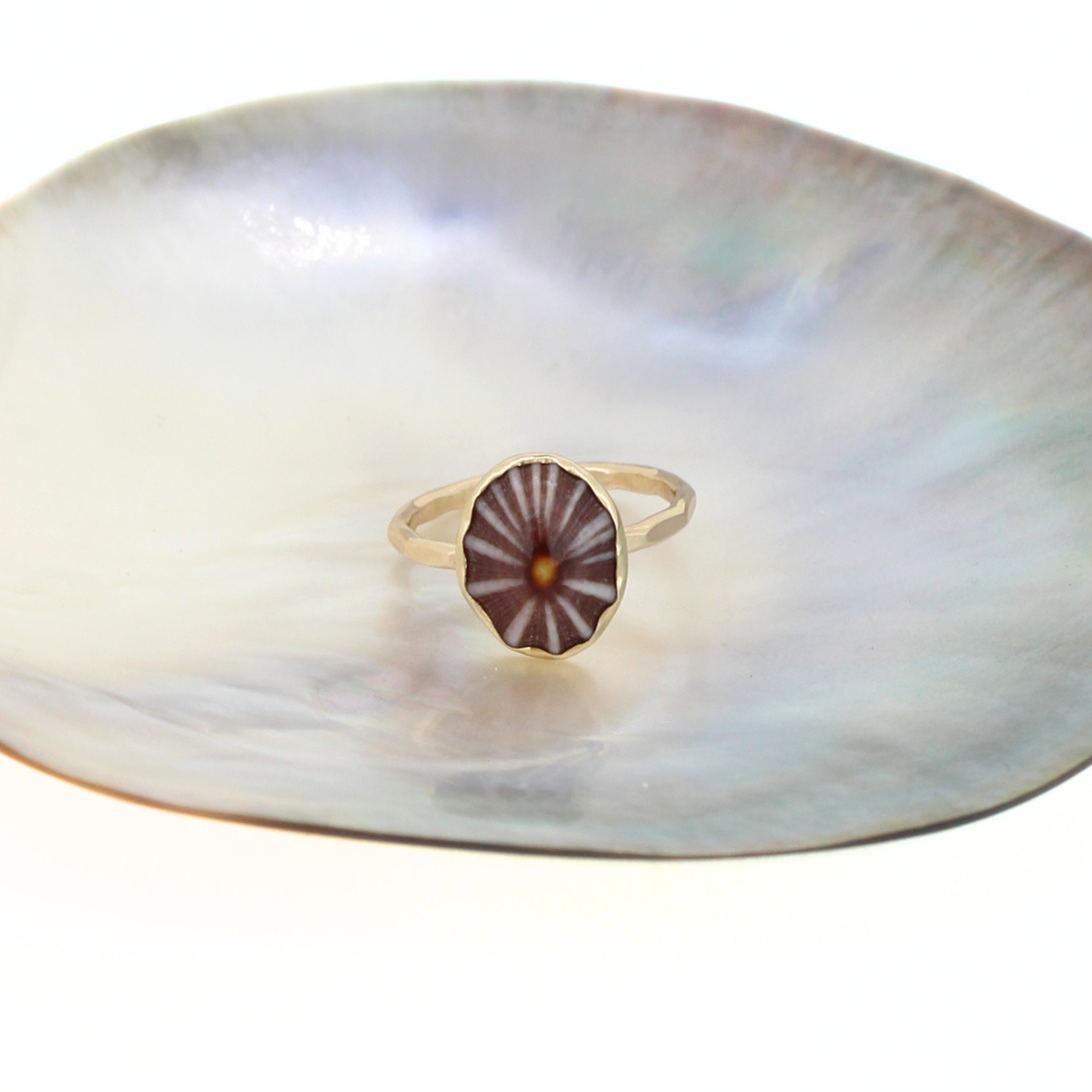 Gold-tone ring featuring a maroon radial shell center with slim rounded band
