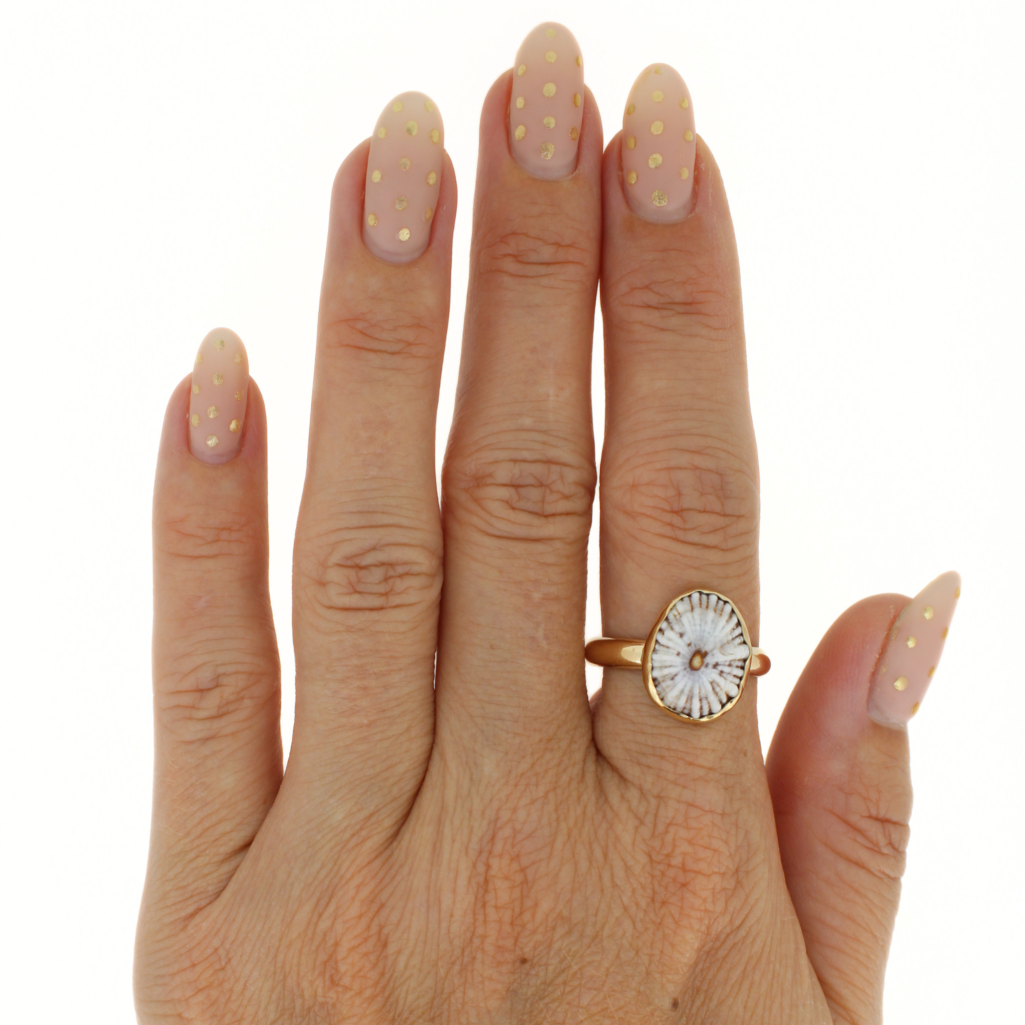 Gold tone shell inlay ring on finger, oval white shell with dark ridges