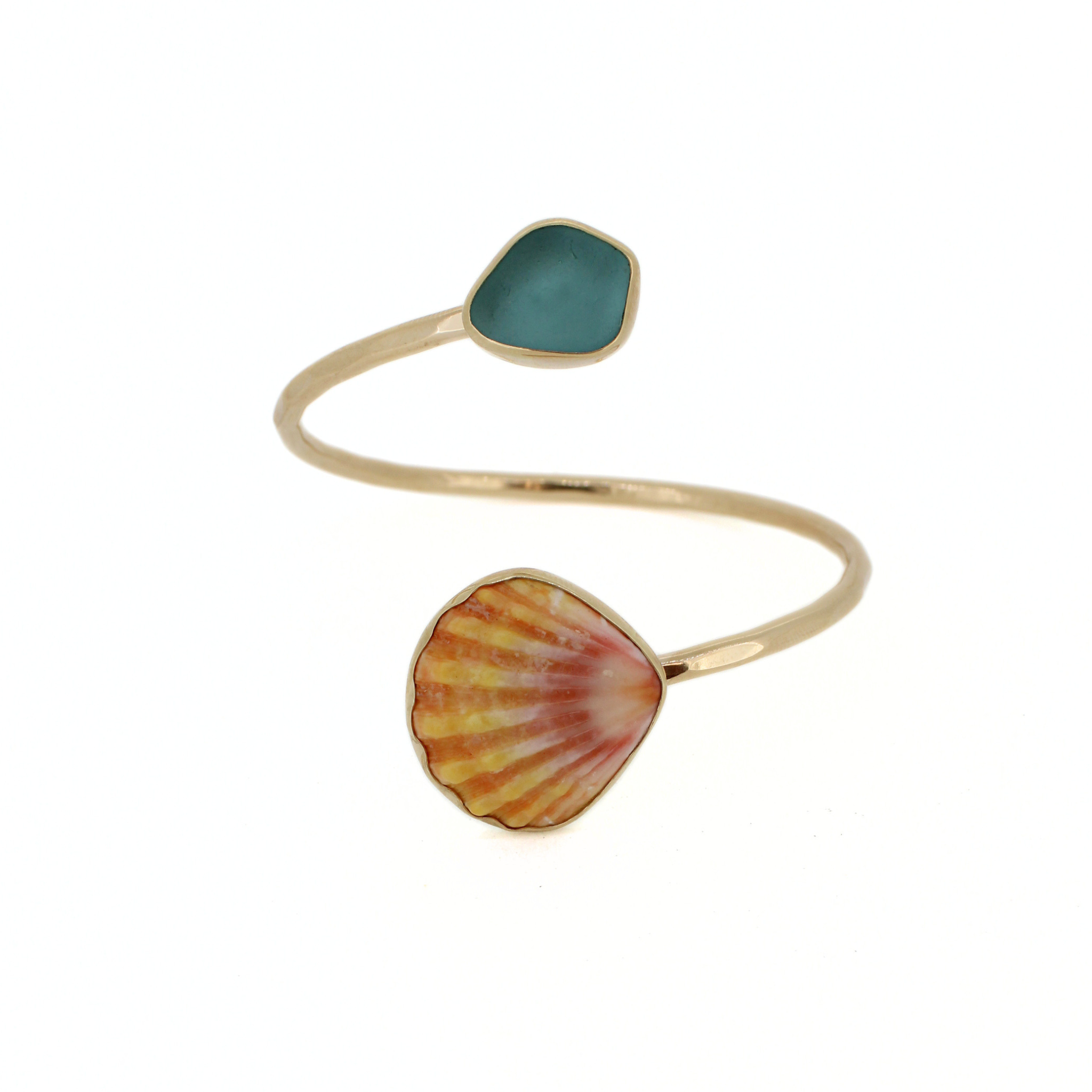 Brianne & Co. gold Hawaiian sunrise shell and blue sea glass bypass style cuff bracelet