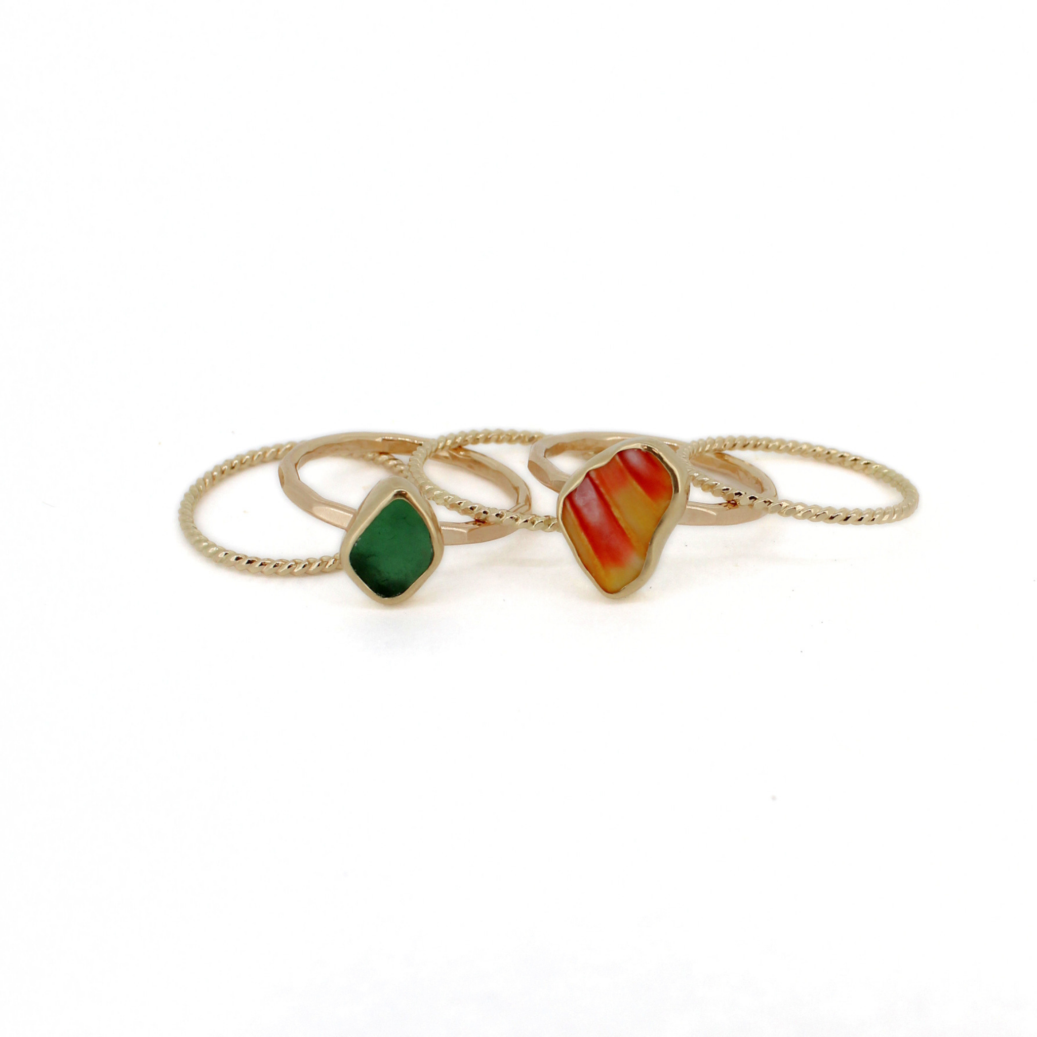 Gold Sunrise Chip & Sea Glass Rings (Set of 5)