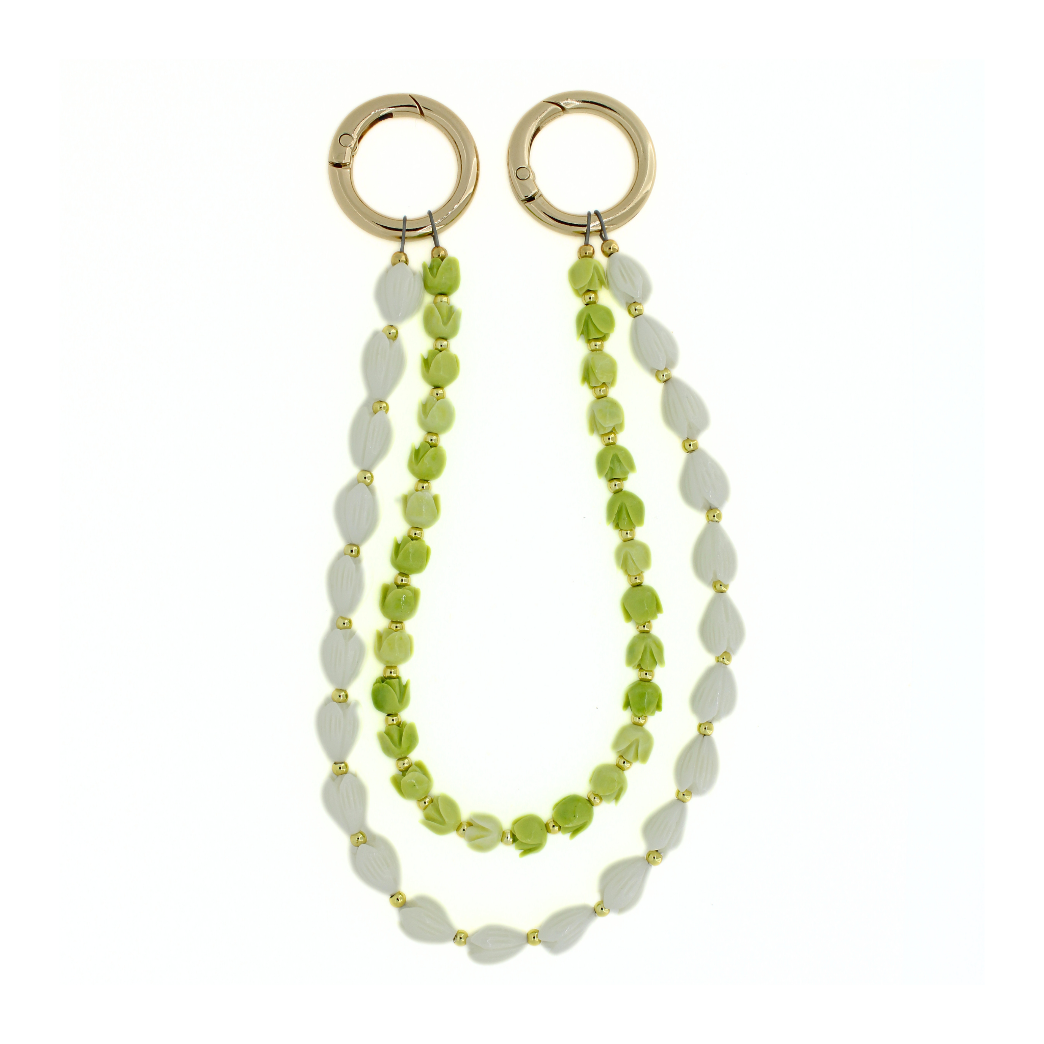 Double-strand flower lei keychain in white and green with gold rings