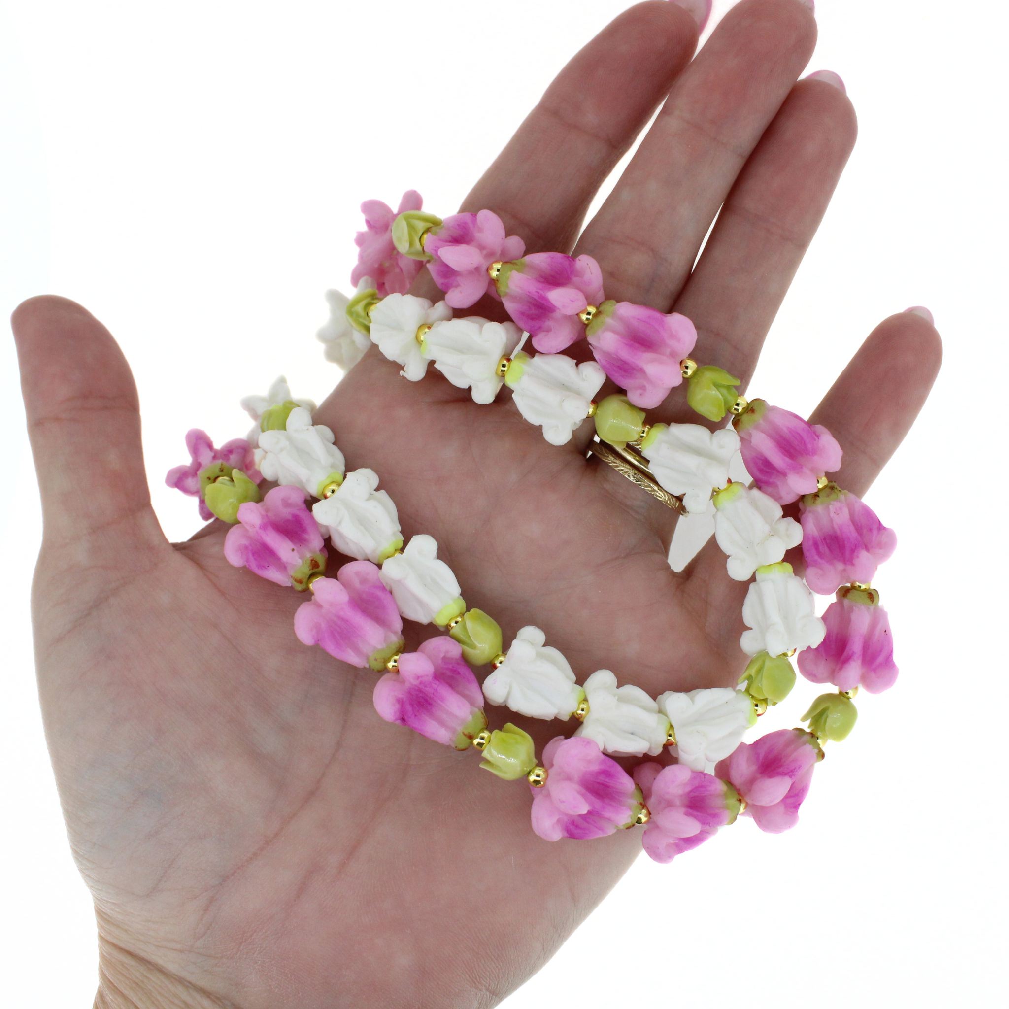 Short Double Strand Purse Lei – Pink & White Crown Flower