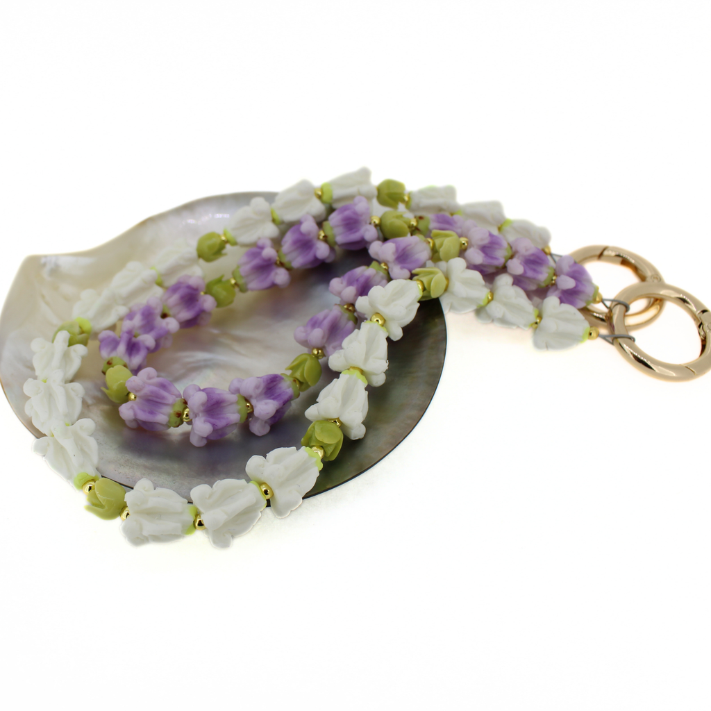 Short Double Strand Purse Lei – Purple & White Crown Flower
