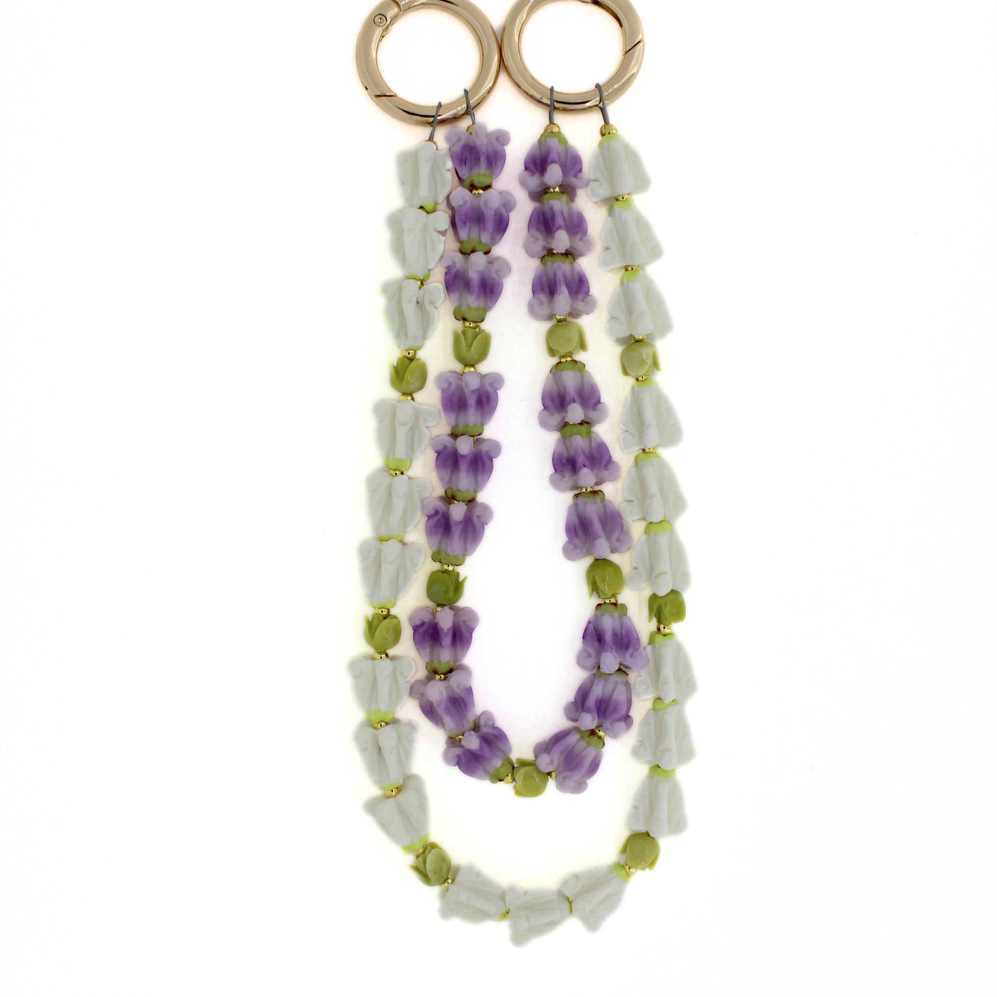 Short Double Strand Purse Lei – Purple & White Crown Flower