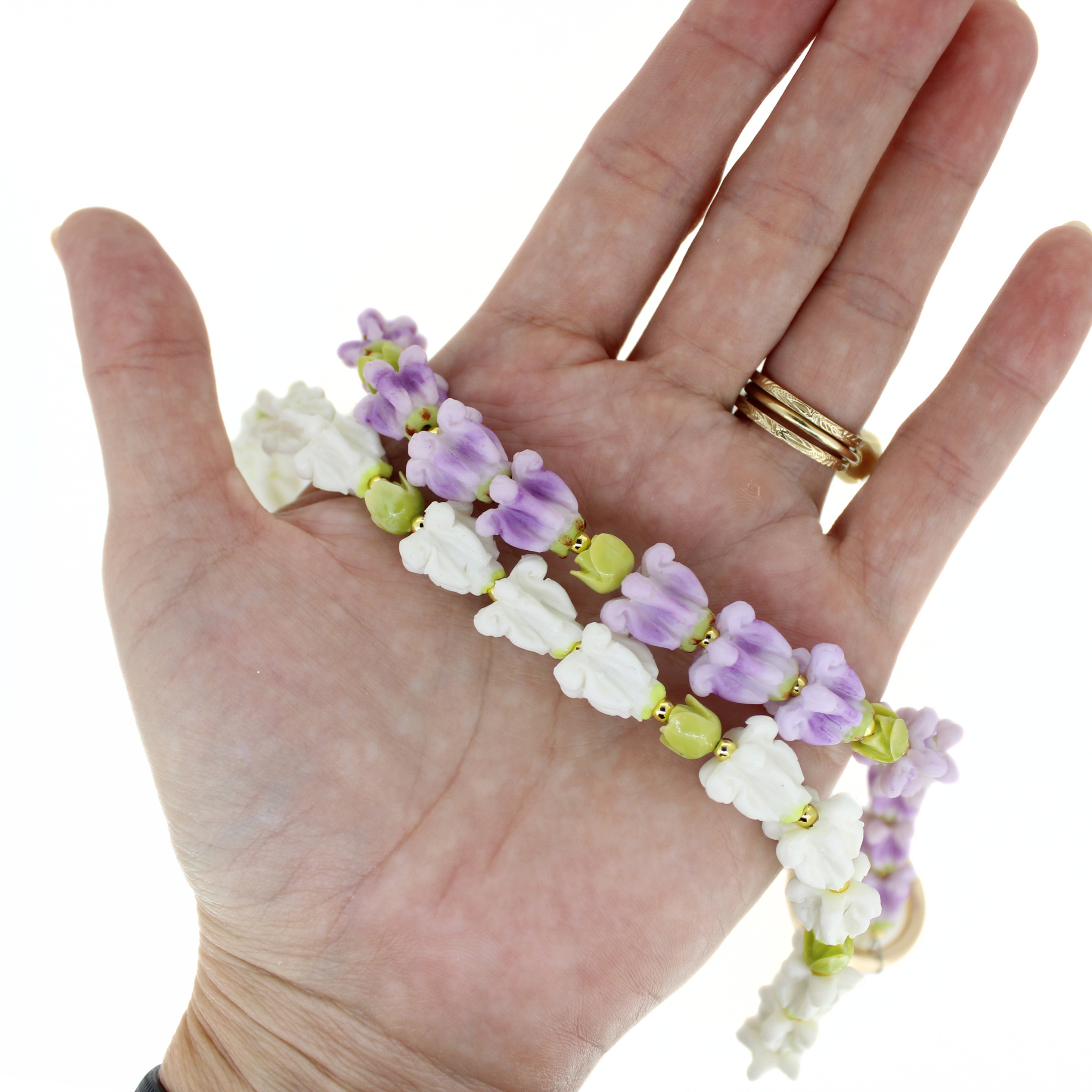 Short Double Strand Purse Lei – Purple & White Crown Flower
