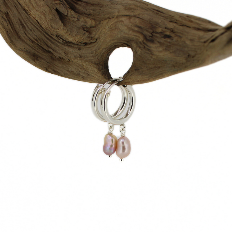 Brianne & Co. sterling silver 15mm hoop earrings with light pink Edison keshi pearls side view