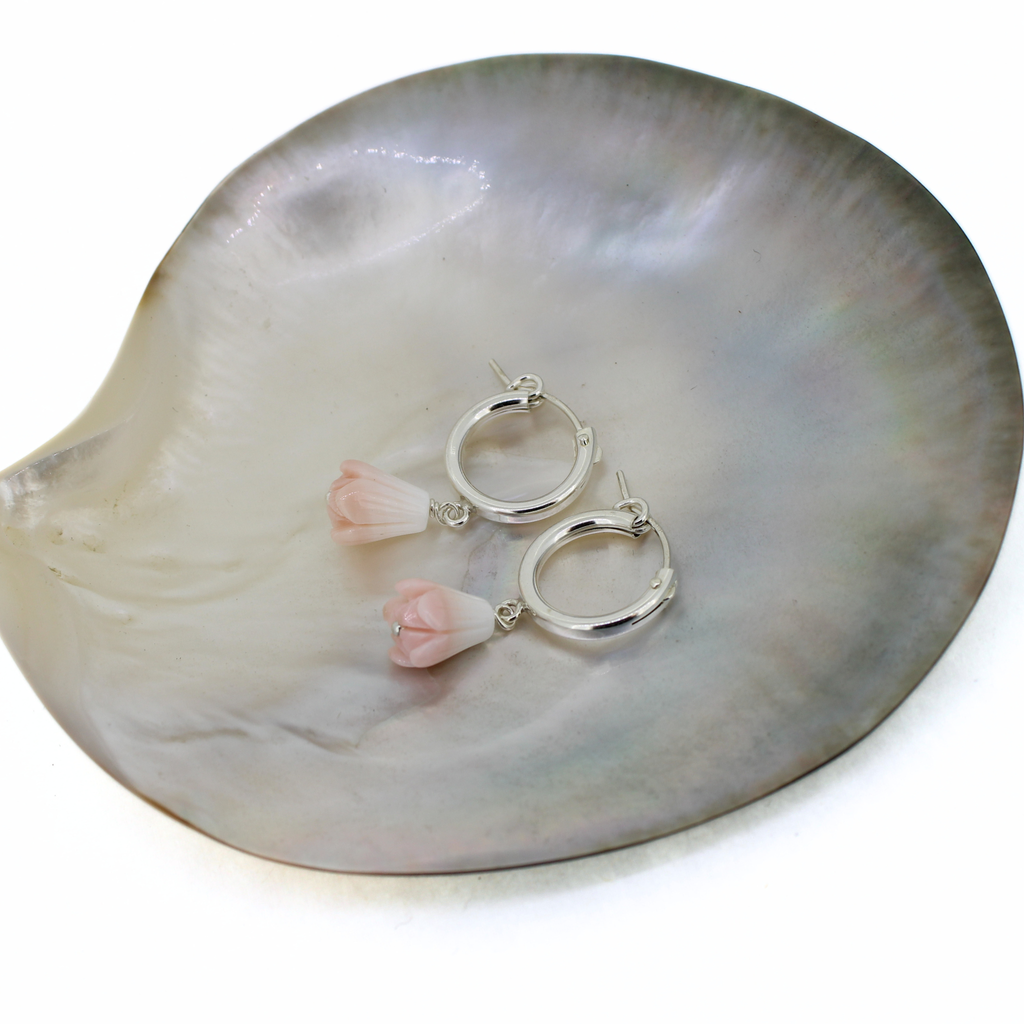 Sterling Silver Pikake Flower Conch Shell Hoops 15mm