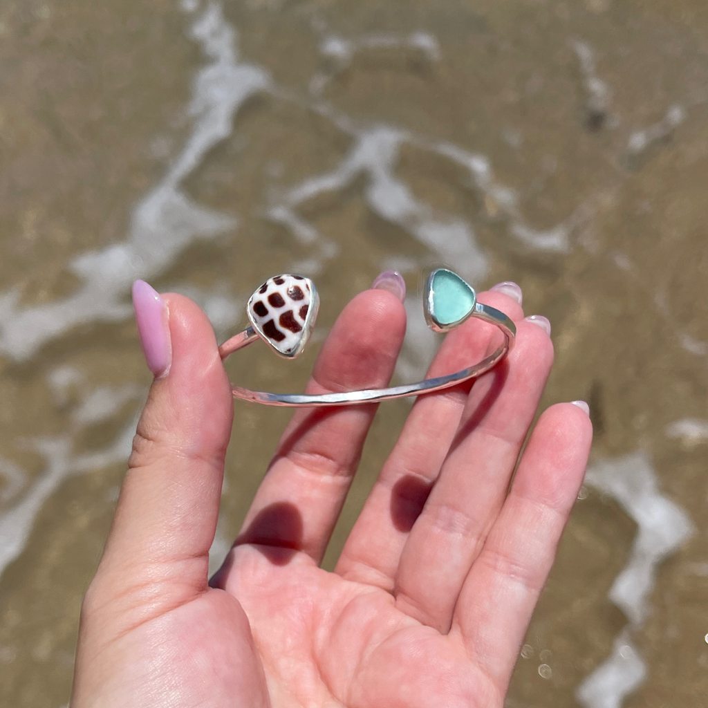 Sterling Silver Hebrew Shell and Blue Sea Glass Cuff