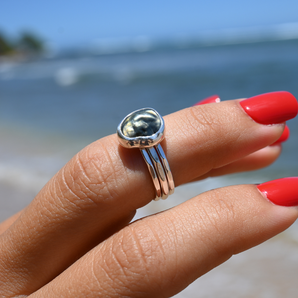 Sterling Silver Tahitian Keshi Pearl Ring Set Size 6