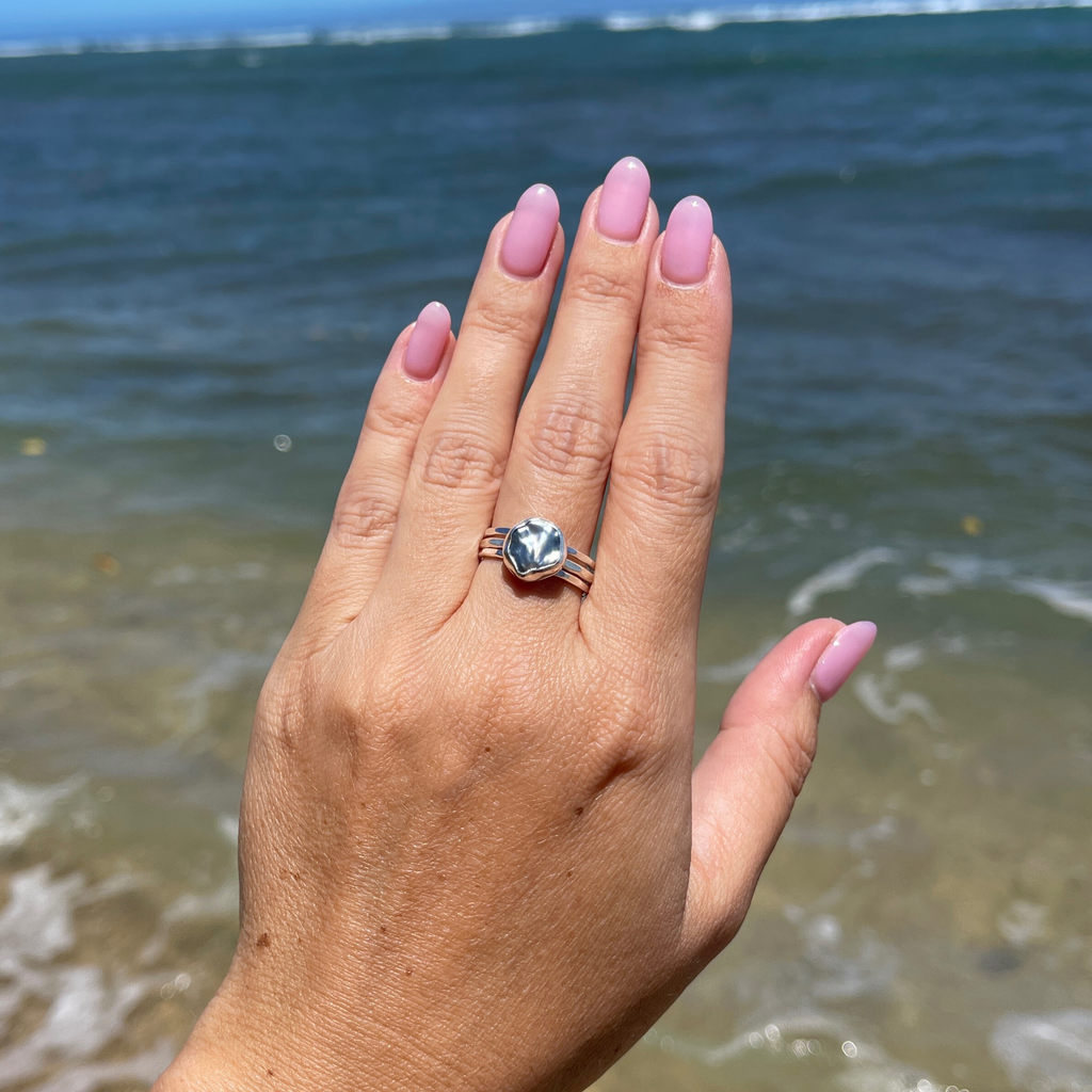 Sterling silver bezel set Tahitian keshi pearl ring set of 3 handmade by Brianne & Co.