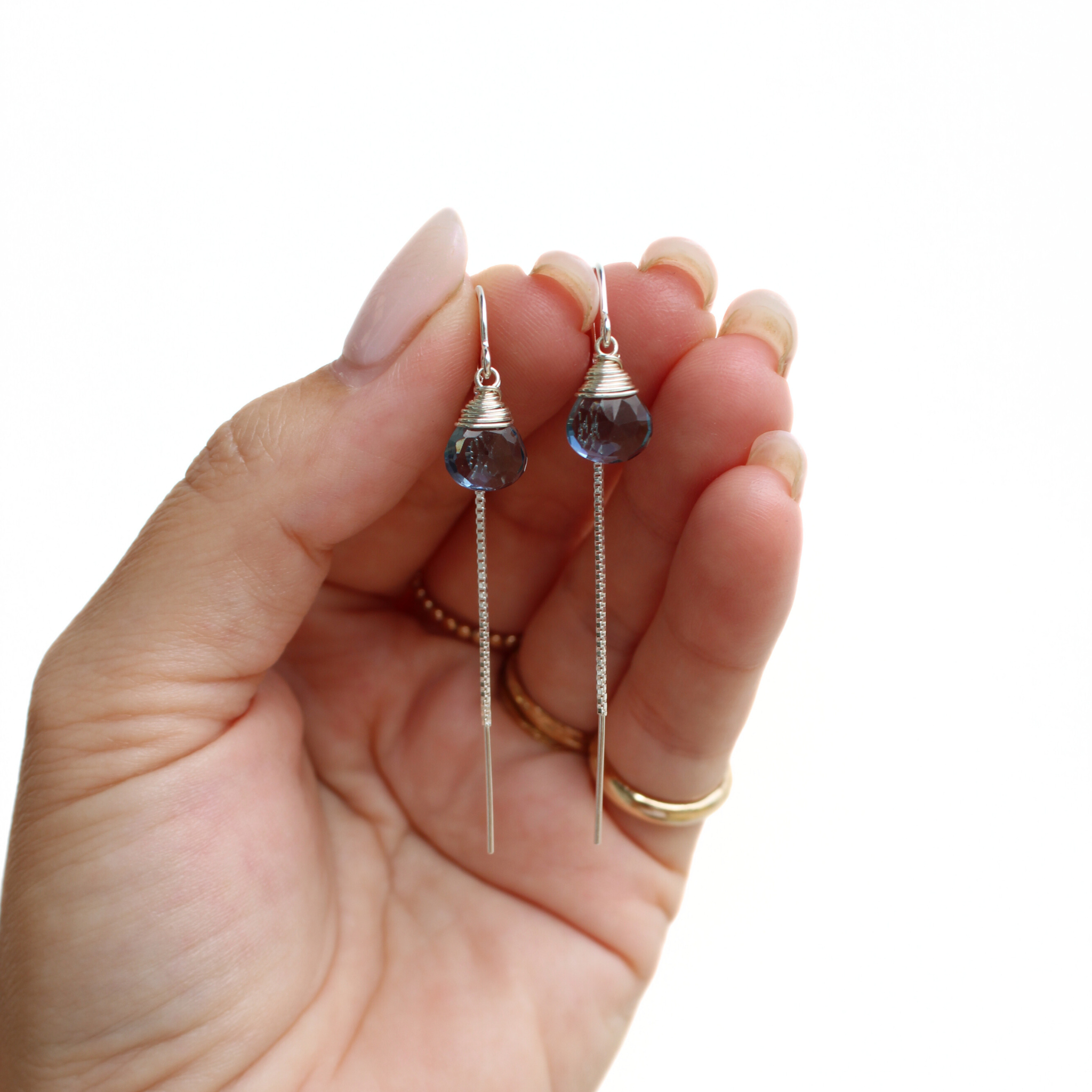 Sterling Silver Simple Blue Quartz Short Threader Earrings