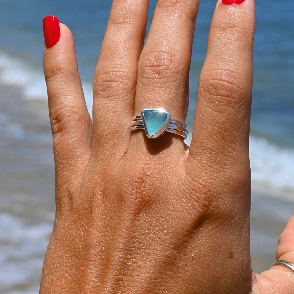 Sterling Silver Light Blue Sea Glass Ring with Textured Bands Size 8