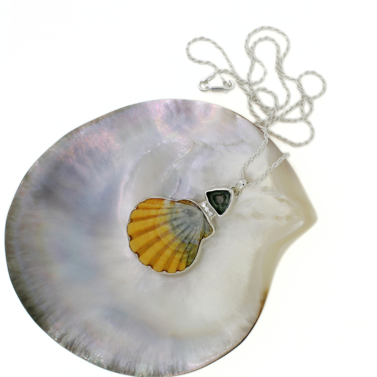 A silver necklace featuring a scallop shell pendant, displayed inside a larger open shell on a white background.