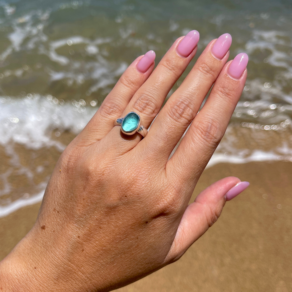 Sterling Silver Deep Blue Sea Glass Ring Size 6